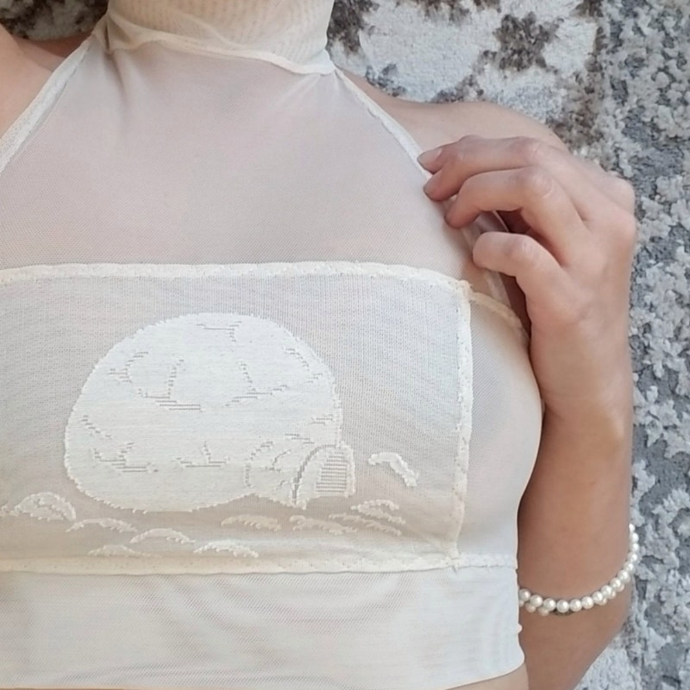 Igloo Crop Top Sheer Cream Halter Top See Through Shirt Size Medium